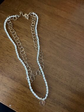 Anthropologie Gold and White Layered Bead Necklace with Heart Charm